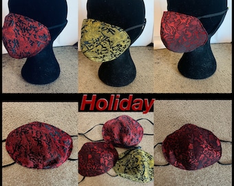 Holiday Mask Collection, Red Masks,  shiny sequin Masks, Adjustable masks, Brocade Masks, Comfortable Masks, Lace Masks, Face masks