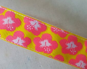 Hot Pink Hibiscus on Yellow no slip headband, Glitter Non Slip Headband, Flowers, Summer, Headbands, neon, fitness accessories, Swanky Bands