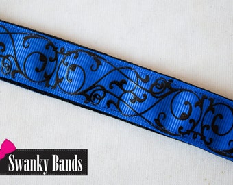 Royal Scrolls- Royal Blue and Black Scrolls Printed Non Slip headbands, No slip headbands, Headbands, Running Headbands, Swanky Bands