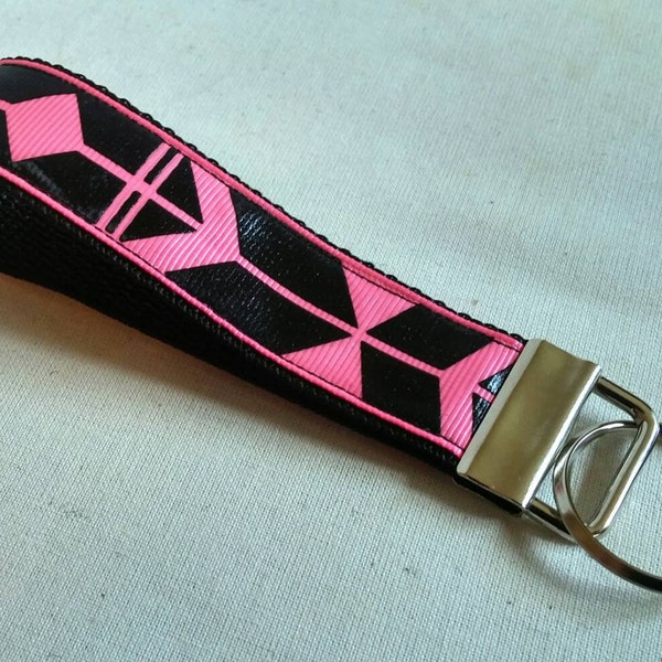 Key Fob- Neon Pink Tribal Key Fob, Swanky Fob, keychain, Key Fobs, Keychains, Keys, Wristlet, black and white, Swanky Bands