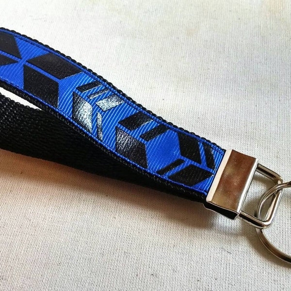 Key Fob- Neon Blue Tribal Key Fob, Swanky Fob, keychain, Key Fobs, Keychains, Keys, Wristlet, black and white, Swanky Bands, Unisex