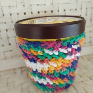 Crocheted jelly bean rainbow cotton yarn ice cream pint cozy Hand protecting ice cream sleeve Crocheted ice cream cozy Ice cream pint cozy