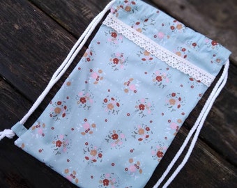 Cotton fabric and cotton rope child size drawstring backpack bag Childrens drawstring bag Drawstring backpack Childrens backpack School bag