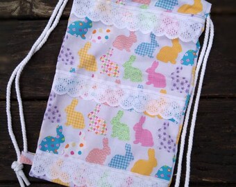 Cotton fabric and cotton rope child size drawstring backpack bag Childrens drawstring bag Drawstring backpack Childrens backpack School bag