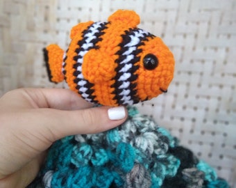 Crocheted square clownfish ocean baby blanket, baby knit clownfish cuddle baby blanket, reef clownfish sea life baby blanket