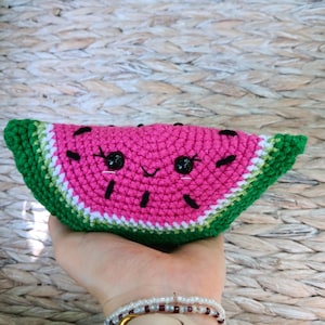 Pink watermelon slice crocheted sweet pink watermelon slice for fruit basket decor Knit cheerful stuffed amigurumi toy Happy fruit basket