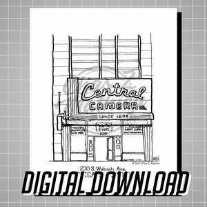 Könnte beinhalten: Schwarz-weiß-Zeichnung einer Ladenfront mit einem Schild, auf dem "Central Camera Co. Since 1899" steht. Die Ladenfront befindet sich in der 230 S. Wabash Ave.