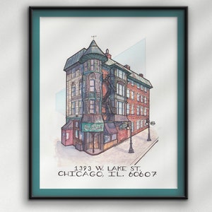 May include: A watercolor illustration of a brick building with a green awning and the text "The Original" above the entrance. The building is located at 1393 W. Lake St. Chicago, Ill. 60607.