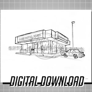 May include: A black and white line drawing of a Blockbuster Video store with a car parked in front. The store has a sign that says "Blockbuster Video" and there are people walking in and out of the store.