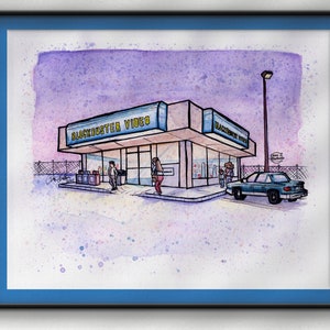Blockbuster Video Store - Hand-painted Watercolor Art Print | Retro Vintage Nostalgia Inspired Wall Art Perfect for Decorating & Gifting