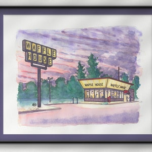 Waffle House at Dusk - Hand-painted Watercolor Art Print | Retro Vintage Nostalgia Inspired Wall Art Perfect for Gifting
