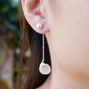 White Seashell Pearl Dangle Earrings: Mother of Pearl Studs, Beach Bridal Jewelry
