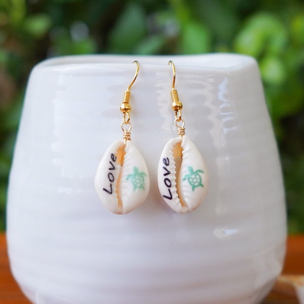 Love and Green Turtle Print Cowrie Shell Earrings, Seashell Dangles Gold, Real Cowrie Shell, Beach Shell Jewelry, Colorful Summer Earrings