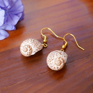 Brown Speckled Seashell Dangle Earrings: Spiral Shell