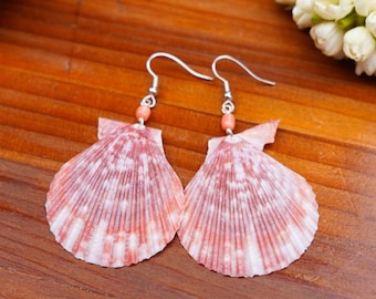 Purple Pink Seashell & Pink Coral Dangle Earrings, Large Seashell Earrings, Pink Coral Earrings, Beach Shell Earrings, Shell Jewelry