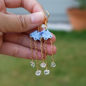 Rain Cloud Dangle Earrings: Polymer Clay & Quartz Crystal
