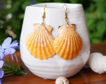 Yellow & Brown Seashell Earrings, Scallop Seashell Earrings, Seashell Jewelry, Beach Shell Earrings, Summer Earrings, Boho Shell Earrings