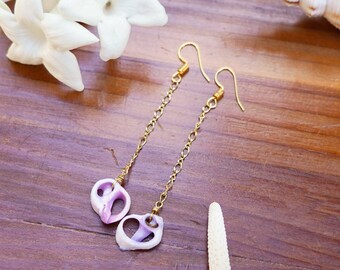 Purple Seashell Earrings, Shell Dangling Earrings, Long Chain Earrings, Dainty Seashell Earrings,  Gold Silver Wirewrapped Jewelry