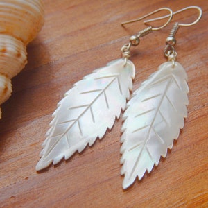 Mother of Pearl Leaf Dangle Earrings: Iridescent White Shell