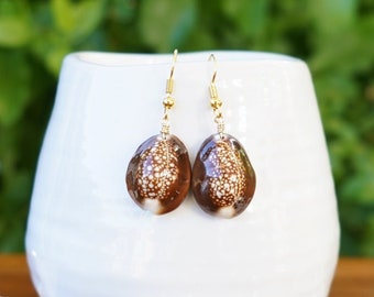 Brown Cowrie Shell Earrings, Brown Seashell Dangles Gold, Real Cowrie Shell, Beach Shell Jewelry, Summer Earrings, Seashell Jewelry