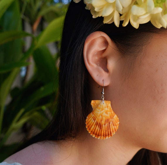 Yellow Brown Seashell Earrings Scallop Seashell Earrings