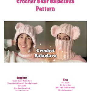 Puede incluir: Un patrón de crochet para una balaclava de oso rosa con instrucciones para tejer un gorro con orejas de oso y una máscara facial. El patrón incluye una lista de materiales y una clave para las abreviaturas de crochet.