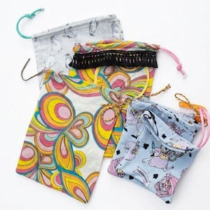 Mixed Print Pouches, Set of 5 Upcycled Fabric Drawstring Pouches, Zero Waste Gift Bags