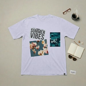 May include: A light purple t-shirt with the words "SUMMER VIBES" printed on the front. The shirt has three graphic patches: floral, tropical landscape, and text. The shirt is on a light gray surface with accessories.