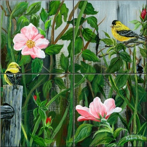 Two Birds By Nadine Warner Tile Mural Backsplash, Kitchen Home Décor, Artwork on Tiles, Decorative Tiles, Ceramic Tile Mural, USA Made