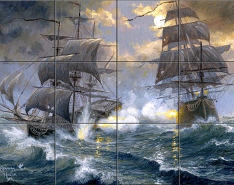 Battle on the High Seas By Abraham Hunter Tile Mural Backsplash,Home Décor, Artwork on Tiles, Decorative Tiles, Ceramic Tile Mural, USA Made