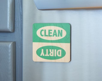 Green Dirty Clean Wood Magnet for Dishwasher, Retro Modern Kitchen Decor