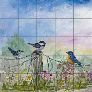 Birds on a Fence By Nadine Warner Tile Mural Backsplash, Kitchen Home Décor, Artwork on Tiles, Decorative Tiles, Ceramic Tile Mural USA Made