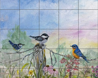 Birds on a Fence By Nadine Warner Tile Mural Backsplash, Kitchen Home Décor, Artwork on Tiles, Decorative Tiles, Ceramic Tile Mural USA Made