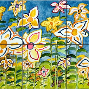 Daisies Tile By Becki Thomas Mural Backsplash, Kitchen Home Décor, Artwork on Tiles, Decorative Tiles, Ceramic Tile Mural, USA Made