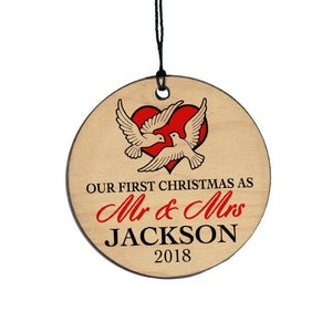 Personalized Dove Mr and Mrs First Christmas Couple Wood Ornament 2018