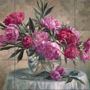 Peony Blossoms By Abraham Hunter  Tile Mural Backsplash, Kitchen Home Décor,  Tile Artwork  Decorative Tile, Ceramic Tile Mural