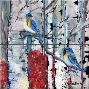 Blue Bird in White Trees By Nadine Warner Tile Mural Backsplash, Kitchen Home Décor, Artwork on Tiles, Ceramic Tile Mural, USA Made