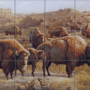 Buffalo Herd By The Hautman Brothers Tile Mural Backsplash, Kitchen Home Décor, Artwork on Tiles, Decorative Tiles, Ceramic Tile Mural