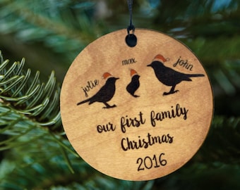 Our First Family Christmas Wood Ornament, Birds with Names, Personalized