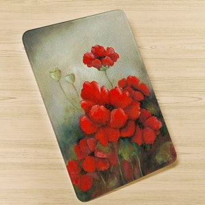 Poppies Oil Painting Glass Cutting Board, Dishwasher Safe Made in USA