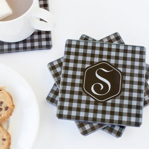 Monogram Coaster Set of Four Personalized Coaster Wedding Gift Housewarming Drink Coasters Plaid