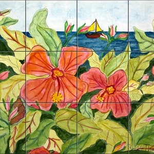 Hibiscus Sail By Becki Thomas Tile Mural Backsplash, Kitchen Home Décor, Artwork on Tiles, USA Made