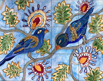 Blue Birds in the Vine 2 By Becki Thomas  Tile Mural Backsplash, Kitchen Home Décor, ArtworkonTiles,DecorativeTiles,CeramicTileMural,USAMade