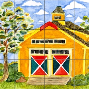 Yellow Barn Mountains By Becki Thomas Tile Mural Backsplash, Kitchen Home Décor, Artwork on Tiles, Decorative Tiles, USA Made