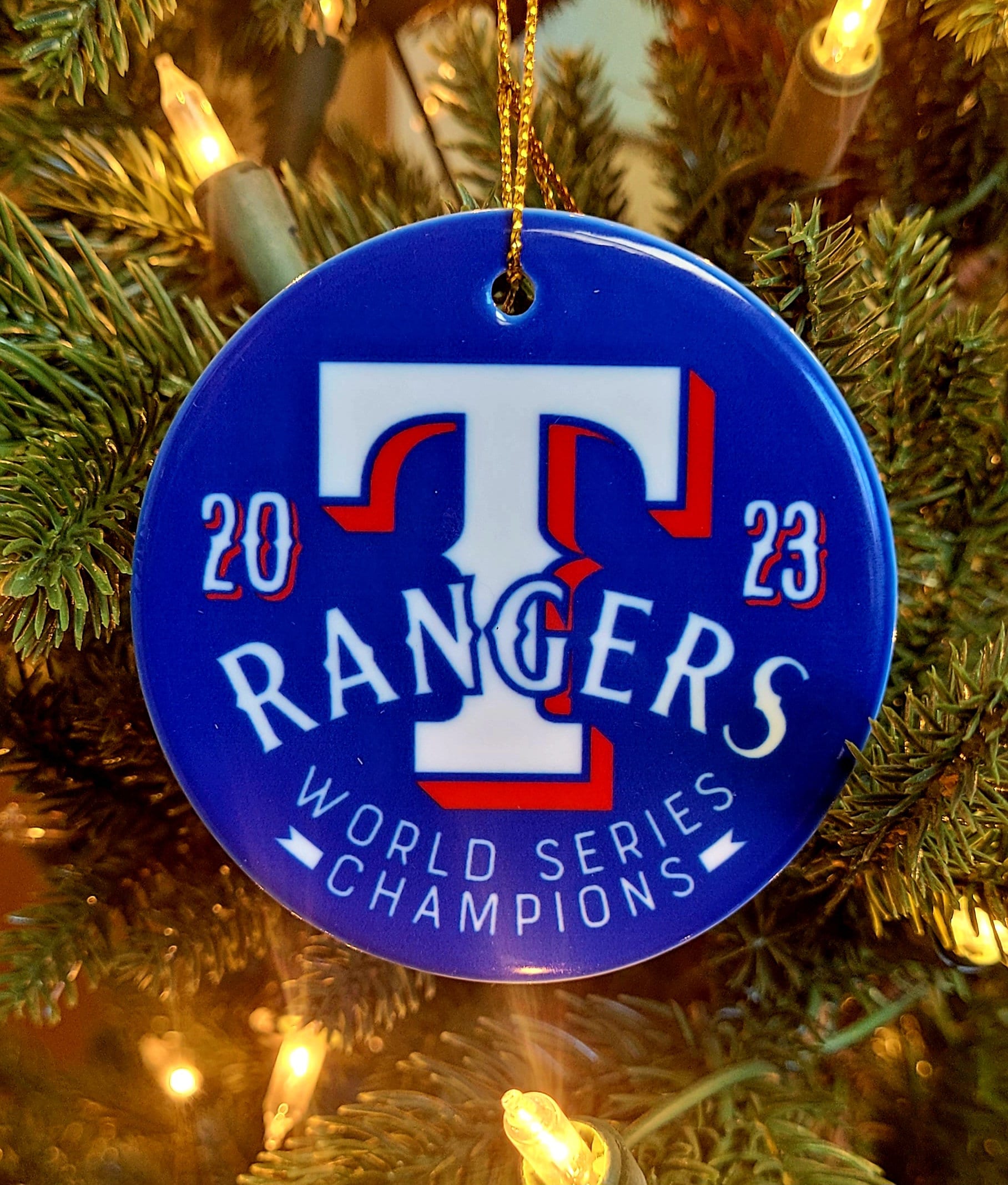 Texas Rangers Keramik Ornament, 2023 World Series Meister in blau, versandfertig