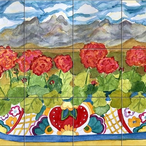 Geraniums and the Organ Mountains By Becki Thomas Tile Mural Backsplash, Kitchen Home Décor, Artwork on Tiles, USA Made