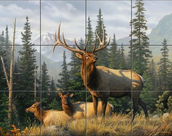 Meadow's Edge Elk By The Hautman Brothers Tile Mural Backsplash, Kitchen Home Décor, Artwork on Tiles, Decorative Tiles, Ceramic Tile Mural