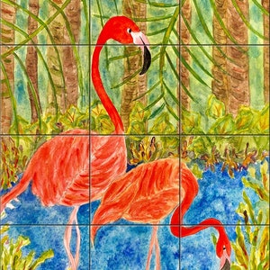 Flamingos in the Everglades By Becki Thomas Tile Mural Backsplash, Kitchen Home Décor, Artwork on Tiles, USAMade