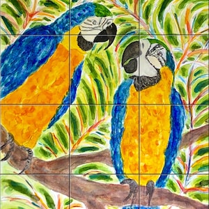 Parrots in Conversation By Becki Thomas Tile Mural Backsplash, Kitchen Home Décor, Artwork on Tiles, Decorative Tiles, USA Made