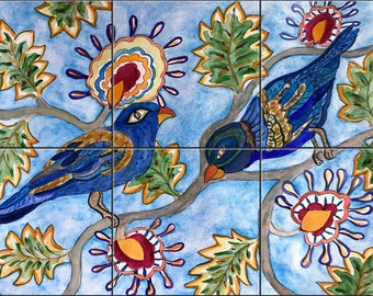 Blue Birds in the Vine Tile Mural Backsplash, Kitchen Home Décor, Artwork on Tiles, Decorative Tiles, Ceramic Tile Mural, USA Made